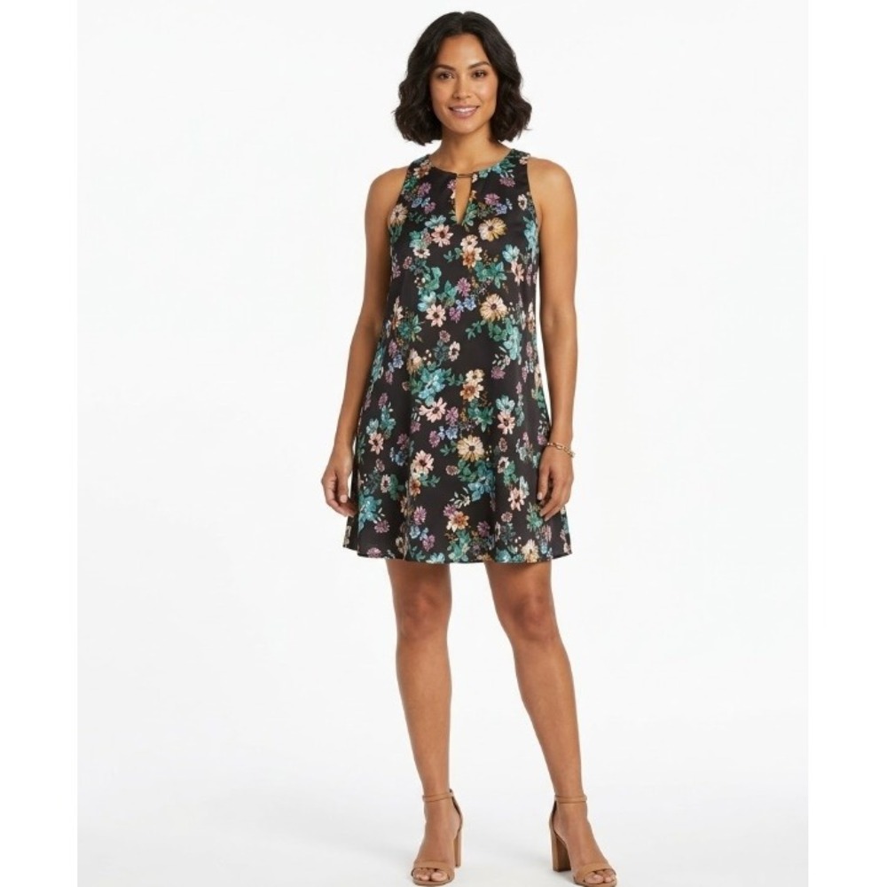 New Lavender Brown Black Floral Sonna 100% Silk Key Hole Print Dress Medium